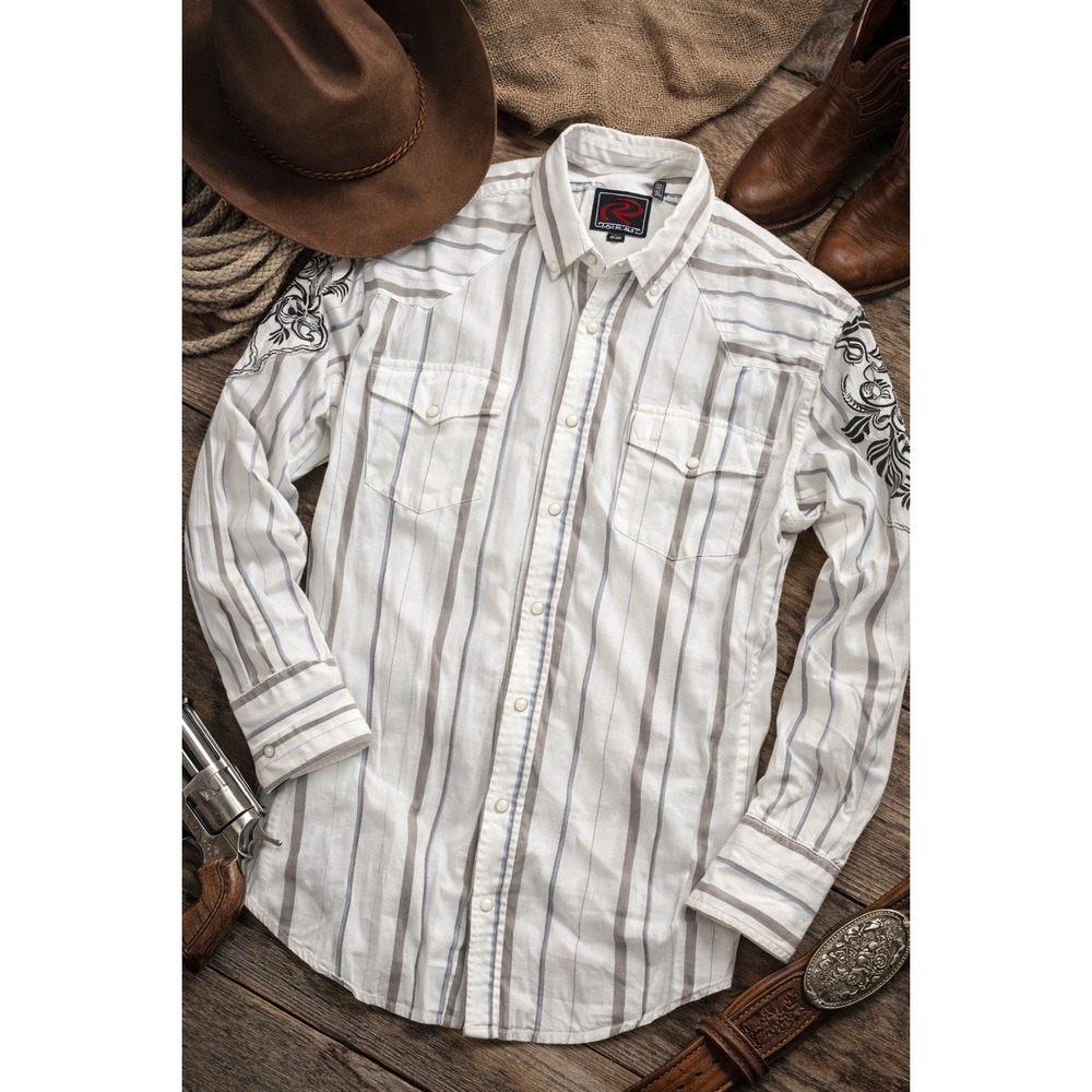 Roper Western Shirt Mens L White Stripe Embroidered Sleeves Cotton Button Up